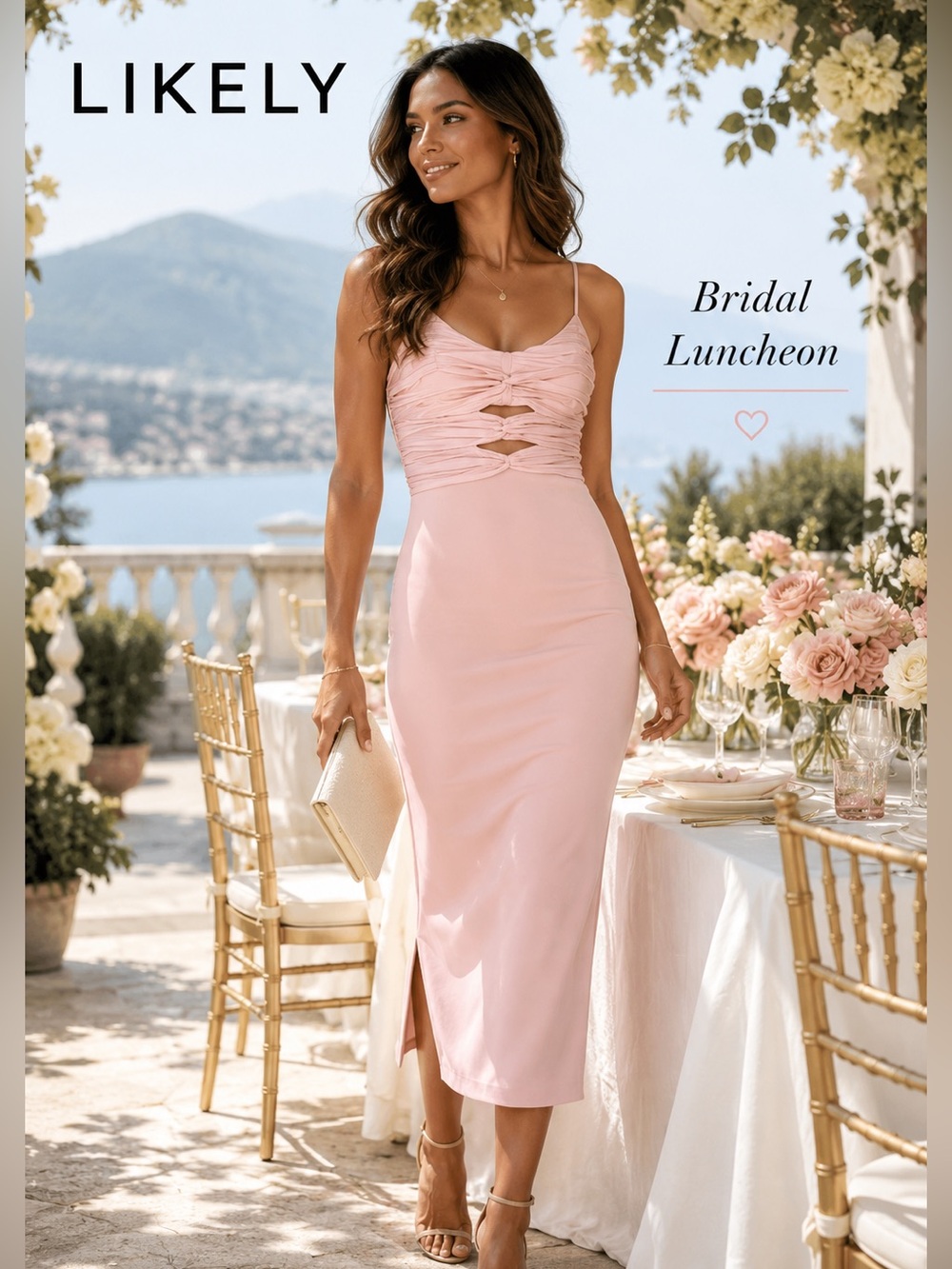 NWT LIKELY Steph Dress Rose Shadow Ruched Satin Cutout Stretch Dress Size 4